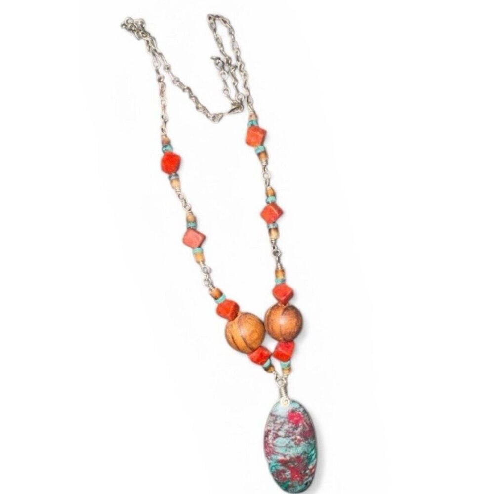 Sonora Sunrise Cabochon Necklace Silver Pendant Wood Beads Statement Piece Vtg